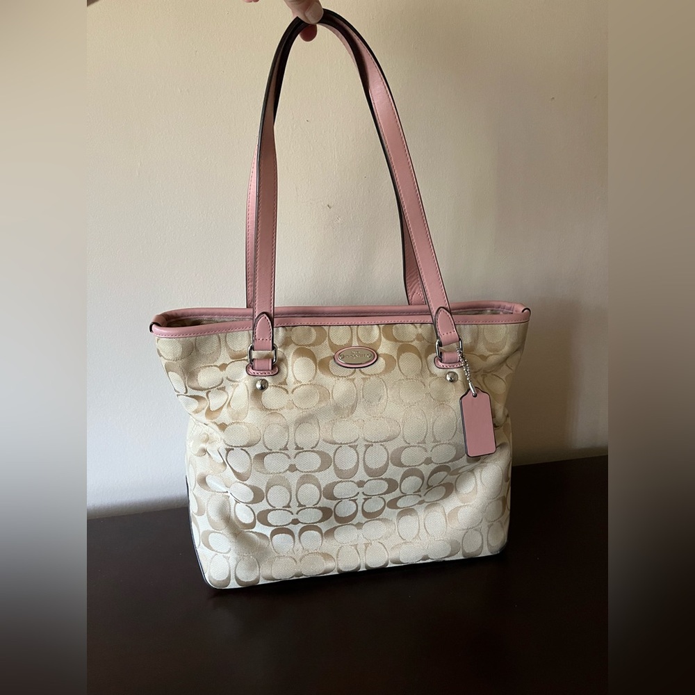 Coach Cream and Pink Signature Tote